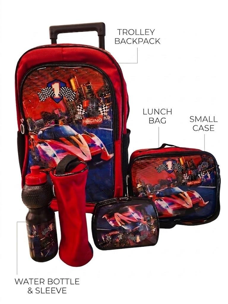 WIRES SCHOOL BAG TROLLEY 18" WITH LUNCH BAG, PENCIL CASE, DINNER SET & WATER BOTTLE WITH RACING CAR DESIGN MS Department Store Oman