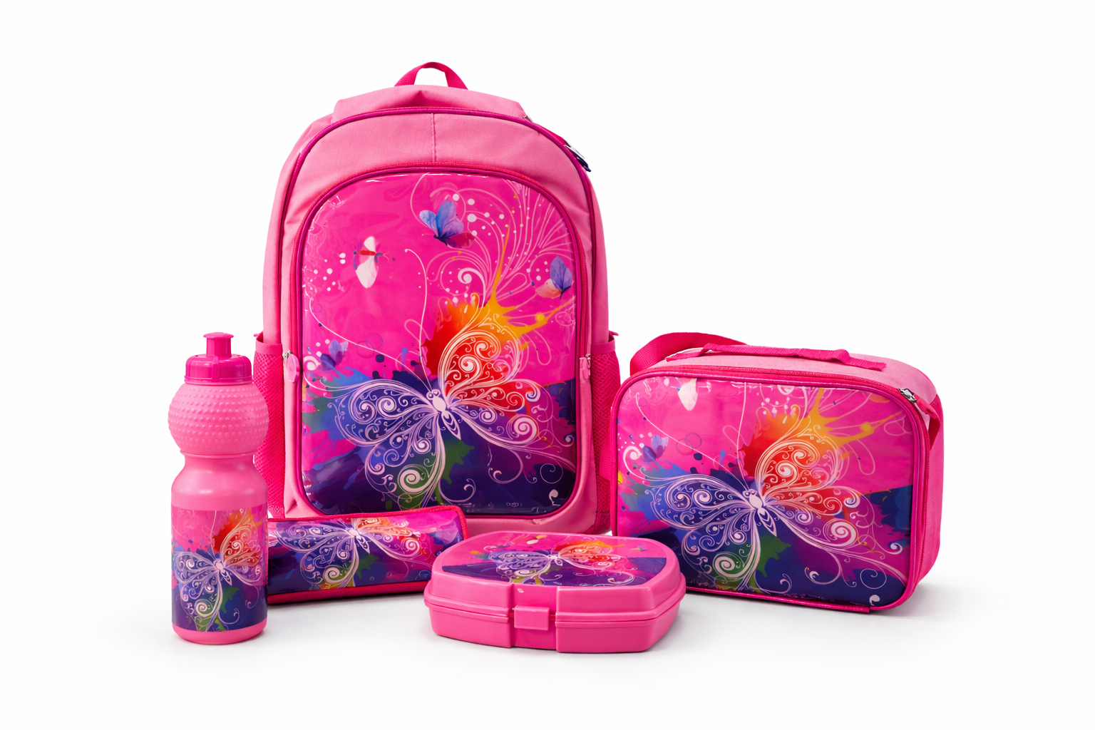 WIRES SCHOOL BAG TROLLEY 18" WITH LUNCH BAG, PENCIL CASE, DINNER SET & WATER BOTTLE PINK WITH BUTTER FLY DESIGN MS Department Store Oman