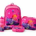 SCHOOL BAG TROLLEY 18" WITH LUNCH BAG, PENCIL CASE, DINNER SET & WATER BOTTLE PINK WITH BUTTER FLY DESIGN MS Department Store Oman