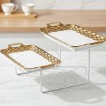 Blumen 2  Tier Rect handle Plate With Stand - Gold MS Department Store Oman