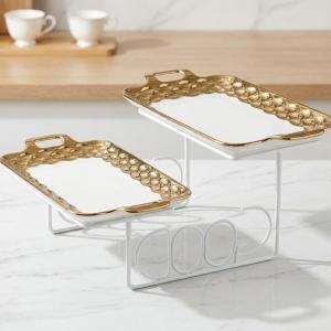 Blumen 2  Tier Rect handle Plate With Stand - Gold MS Department Store Oman