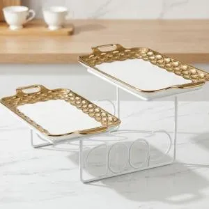 Blumen 2  Tier Rect handle Plate With Stand - Gold MS Department Store Oman