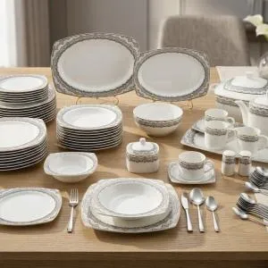 Blumen Royal Charcoal & Gold Filigree 57-Piece Fine Porcelain Dinner Set Dinner Square Ms Department Store Oman