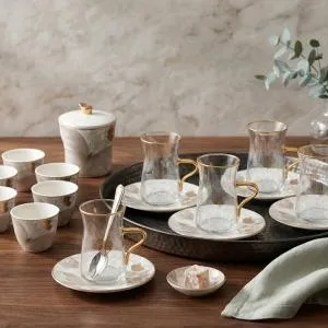 Tea And Arabic Coffee Set 19 pcs From Veloura - Brown + Gold MS Department Store Oman