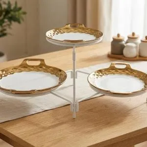 Blumen 3 Tier Round Plate With Handles With Stand Gold MS Department Store Oman