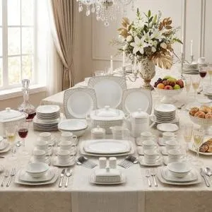 Blumen Imperial Gold Lace 57-Piece Bone China Dinner Set – Soft Square Edition Ms Department Store Oman