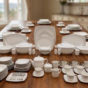 Blumen Modern Silver-Lined Linear 110-Piece Fine Porcelain Dinner Set Square Ms Department Store Oman