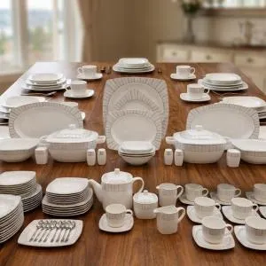 Blumen Modern Silver-Lined Linear 57-Piece Fine Porcelain Dinner Set Square Ms Department Store Oman