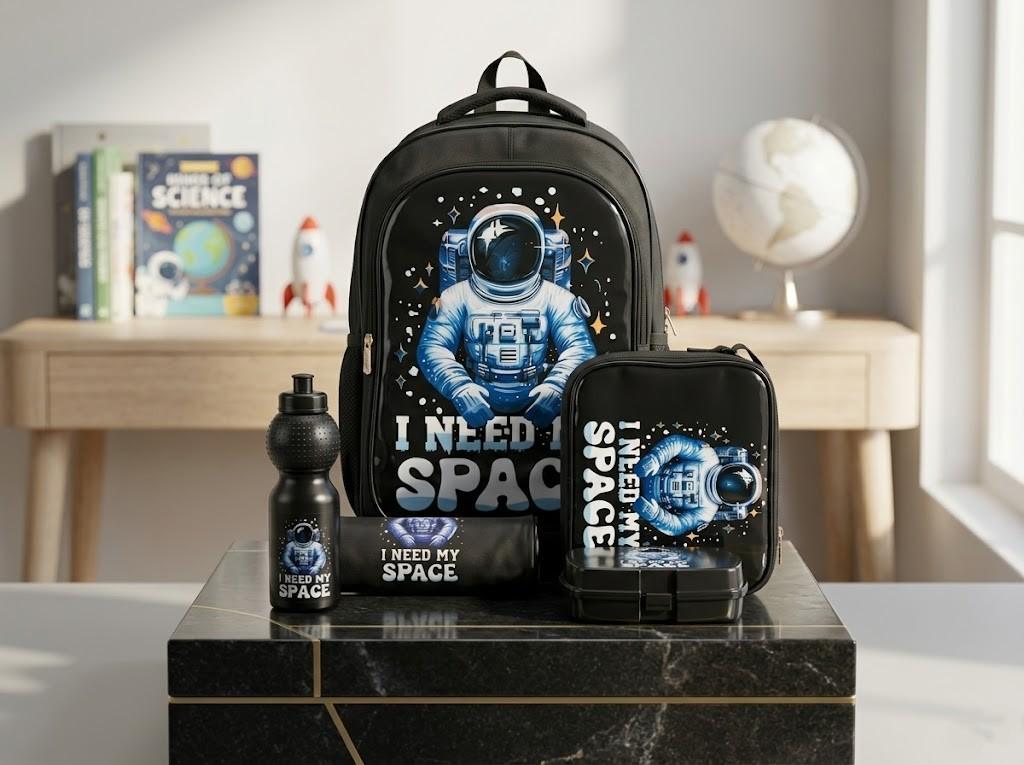 WIRES SCHOOL BAG TROLLEY 18" WITH LUNCH BAG, PENCIL CASE, DINNER SET & WATER BOTTLE BLACK WITH SPACE SUIT DESIGN MS Department Store Oman