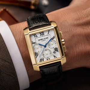Daniel Klein Exclusive Men'S Gold-Tone Square Chronograph Analog Watch With Black Leather Strap MS Department Store Oman