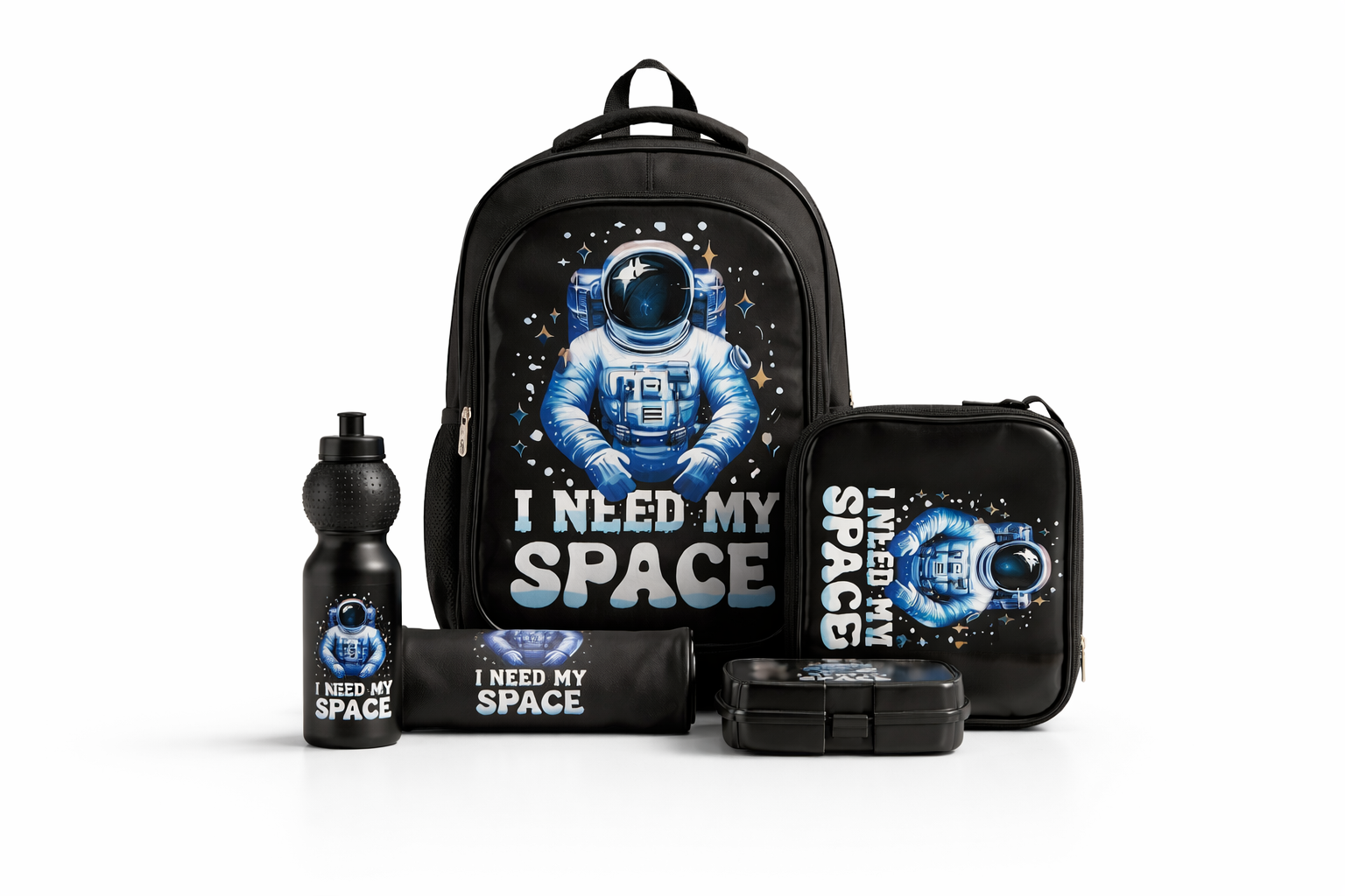 WIRES SCHOOL BAG TROLLEY 18" WITH LUNCH BAG, PENCIL CASE, DINNER SET & WATER BOTTLE BLACK WITH SPACE SUIT DESIGN MS Department Store Oman