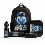 SCHOOL BAG TROLLEY 18" WITH LUNCH BAG, PENCIL CASE, DINNER SET & WATER BOTTLE BLACK WITH SPACE SUIT DESIGN MS Department Store Oman