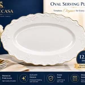 Solecasa 12.73"Oval Plate White With Golden Rim MS Department Store Oman