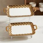 Blumen 2  Tier Rect handle Plate With Stand - Gold MS Department Store Oman