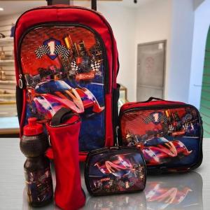 SCHOOL BAG TROLLEY 18" WITH LUNCH BAG, PENCIL CASE, DINNER SET & WATER BOTTLE WITH RACING CAR DESIGN MS Department Store Oman