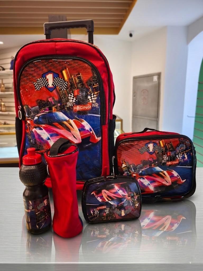WIRES SCHOOL BAG TROLLEY 18" WITH LUNCH BAG, PENCIL CASE, DINNER SET & WATER BOTTLE WITH RACING CAR DESIGN MS Department Store Oman