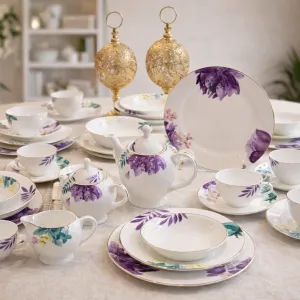 Blumen Royal Bloom Porcelain Dinnerware Set – 57-Piece Gold-Rimmed Floral Collection Dinner Set Ms Department Store Oman