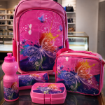 SCHOOL BAG TROLLEY 18" WITH LUNCH BAG, PENCIL CASE, DINNER SET & WATER BOTTLE PINK WITH BUTTER FLY DESIGN MS Department Store Oman