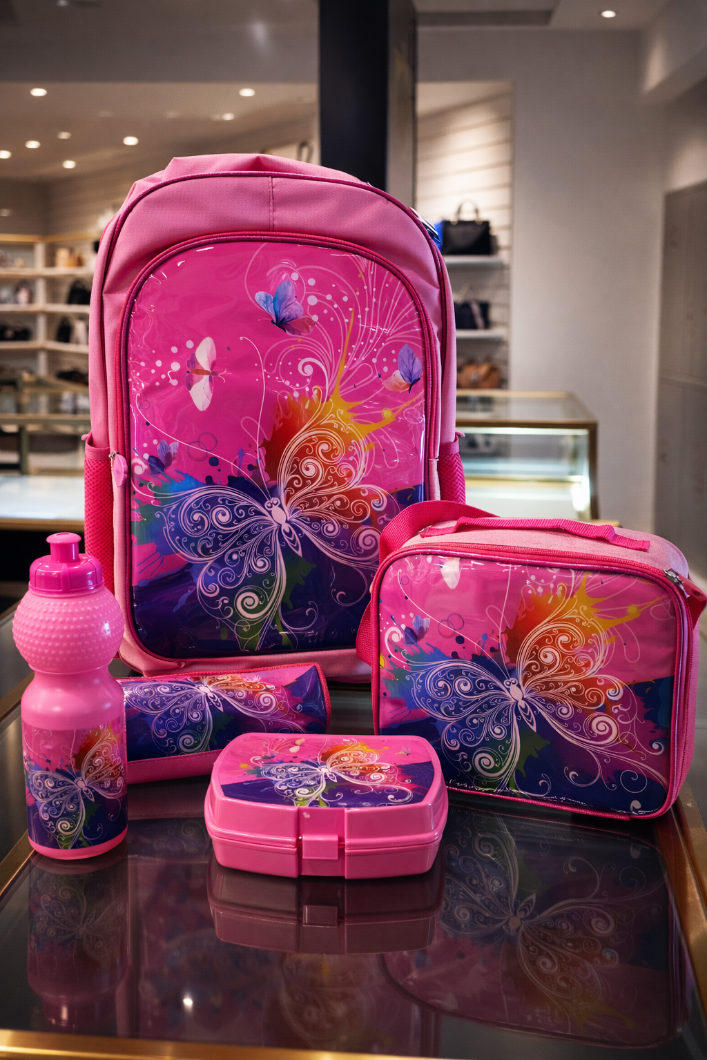 WIRES SCHOOL BAG TROLLEY 18" WITH LUNCH BAG, PENCIL CASE, DINNER SET & WATER BOTTLE PINK WITH BUTTER FLY DESIGN MS Department Store Oman