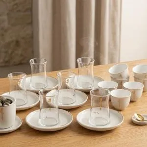 Tea And Arabic Coffee Set 19 Pcs From Liqaa -  Beige + Gold MS Department Store Oman