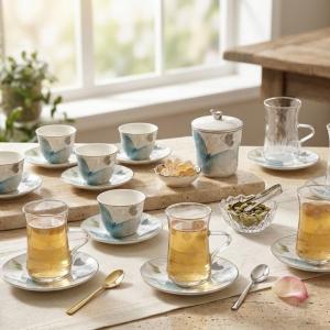 Tea And Arabic Coffee Set 19 pcs From Veloura - Blue + Silver MS Department Store Oman
