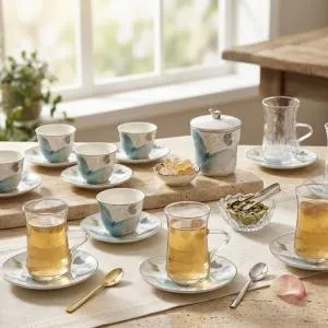 Tea And Arabic Coffee Set 19 pcs From Veloura - Blue + Silver MS Department Store Oman