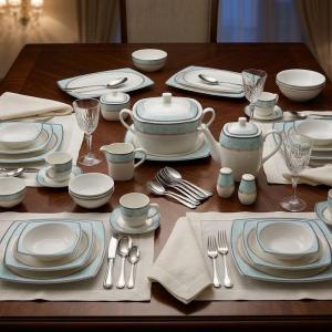 Blumen Elegant Azure & Gold Porcelain Dinner Set – 57 Piece Comprehensive Square Ms Department Store Oman