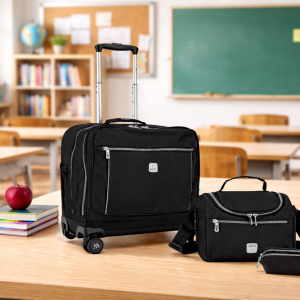 WIRES & WHEELS TROLLEY WITH LUNCH BAG + PENCIL CASE + LUNCH BOX BLACK MS Department Store Oman