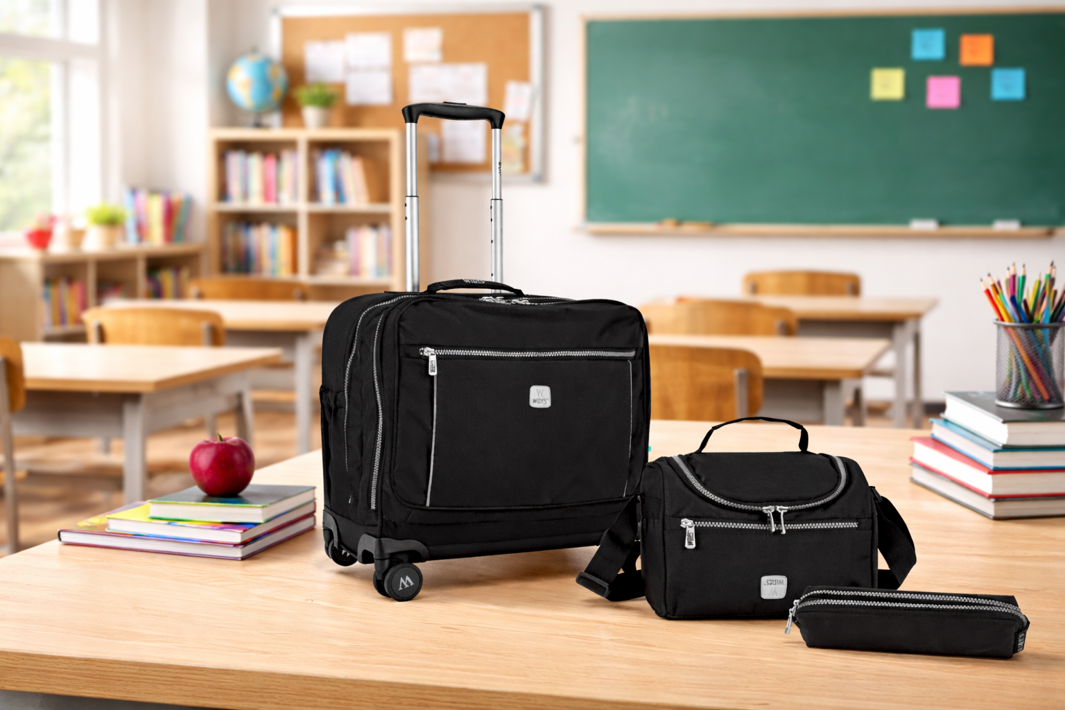 WIRES & WHEELS TROLLEY WITH LUNCH BAG + PENCIL CASE + LUNCH BOX BLACK MS Department Store Oman