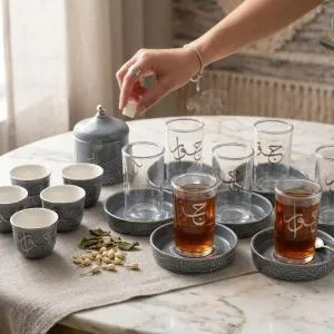 Tea And Arabic Coffee Set 19 Pcs From Jiwar - Blue + Silver MS Department Store Oman