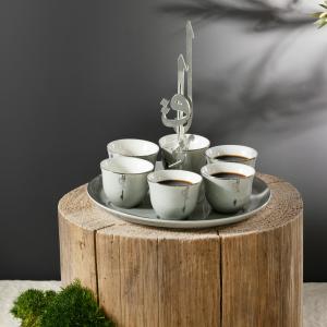 6 Arabic Coffee Cups With Stand And Handle From Liqaa - Grey + Silver MS Department Store Oman