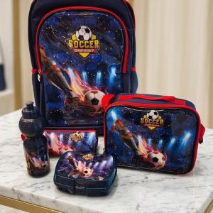 SCHOOL BAG TROLLEY 18" WITH LUNCH BAG, PENCIL CASE, DINNER SET & WATER BOTTLE WITH SOCER PRINT MS Department Store Oman