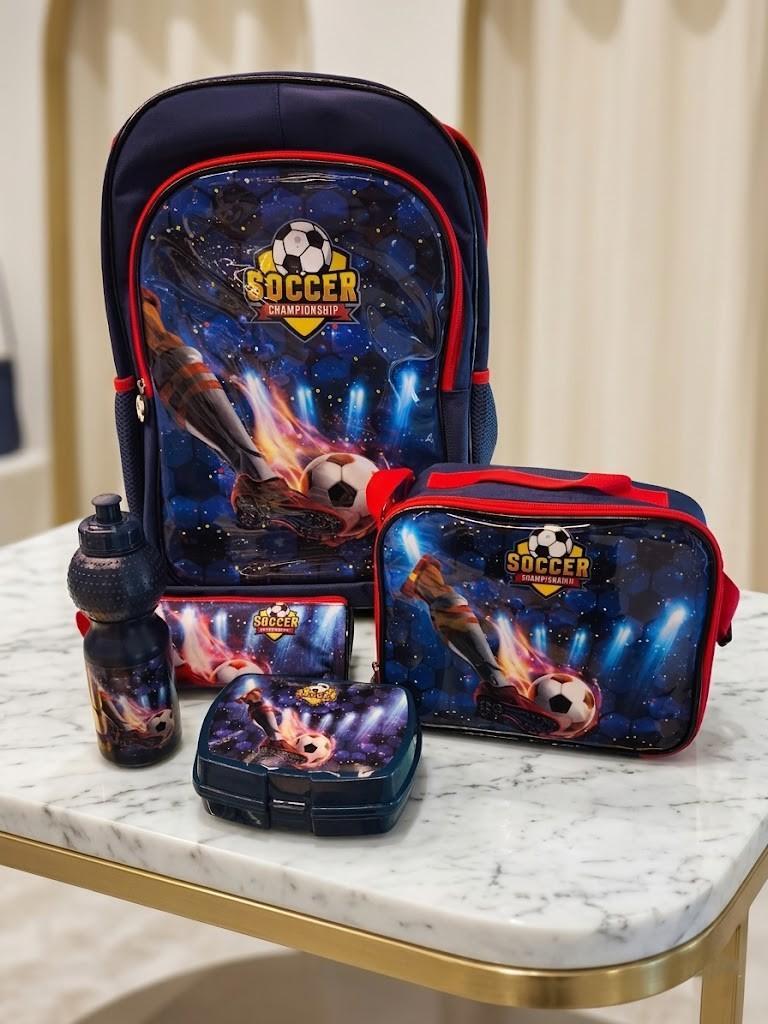 WIRES SCHOOL BAG TROLLEY 18" WITH LUNCH BAG, PENCIL CASE, DINNER SET & WATER BOTTLE WITH SOCER PRINT MS Department Store Oman
