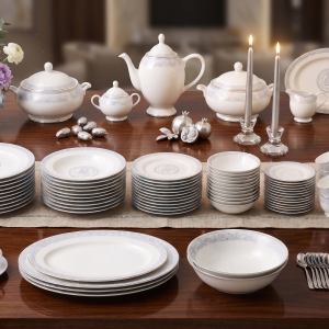 Blumen Royal Regency 57-Piece Fine Bone China Dinner Set – Silver Floral Border Ms Department Store Oman