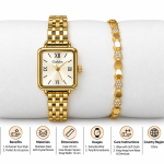Ceshdun Women’s White Dial Gold-Tone Square Watch & Gold Bracelet Set