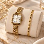 Ceshdun Women’s White Dial Gold-Tone Square Watch & Gold Bracelet Set