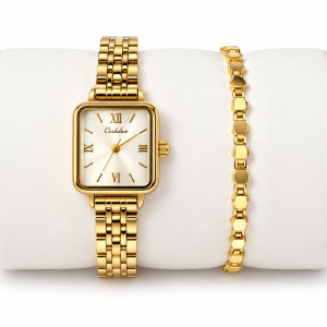 Ceshdun Women’s White Dial Gold-Tone Square Watch & Gold Bracelet Set