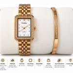 Ceshdun Women’s White Dial Rose Gold Rectangular Crystal Watch & Bracelet Set