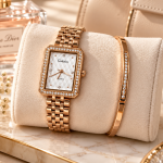 Ceshdun Women’s White Dial Rose Gold Rectangular Crystal Watch & Bracelet Set