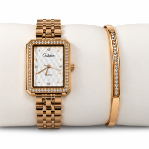 Ceshdun Women’s White Dial Rose Gold Rectangular Crystal Watch & Bracelet Set