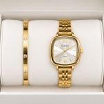 Ceshdun Women’s White Dial Gold-Tone Square Watch & Gold Crystal Bracelet Set