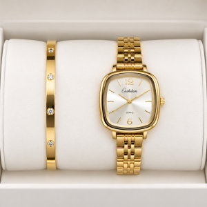 Ceshdun Women’s White Dial Gold-Tone Square Watch & Gold Crystal Bracelet Set