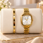 Ceshdun Women’s White Dial Gold-Tone Square Watch & Gold Crystal Bracelet Set