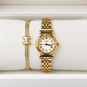 Ceshdun Women’s White Dial Gold-Tone Octagonal Watch & Gold Crystal Bangle Bracelet Set