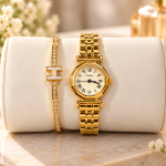 Ceshdun Women’s White Dial Gold-Tone Octagonal Watch & Gold Crystal Bangle Bracelet Set