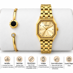 Ceshdun Women’s Champagne Dial Gold-Tone Octagonal Watch & Gold Bangle Bracelet Set