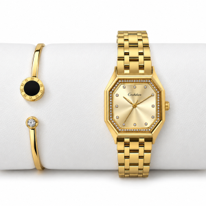 Ceshdun Women’s Champagne Dial Gold-Tone Octagonal Watch & Gold Bangle Bracelet Set