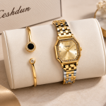 Ceshdun Women’s Champagne Dial Gold-Tone Octagonal Watch & Gold Bangle Bracelet Set