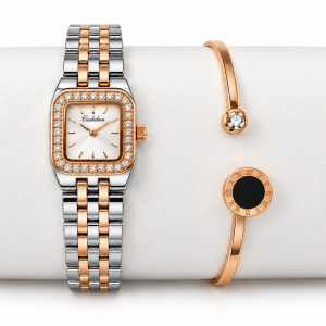 Ceshdun Women’s White Dial Rose Gold & Silver Two-Tone Square Watch with Rose Gold Bangle Bracelet Set