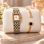 Ceshdun Women’s White Dial Rose Gold & Silver Two-Tone Square Watch with Rose Gold Bangle Bracelet Set